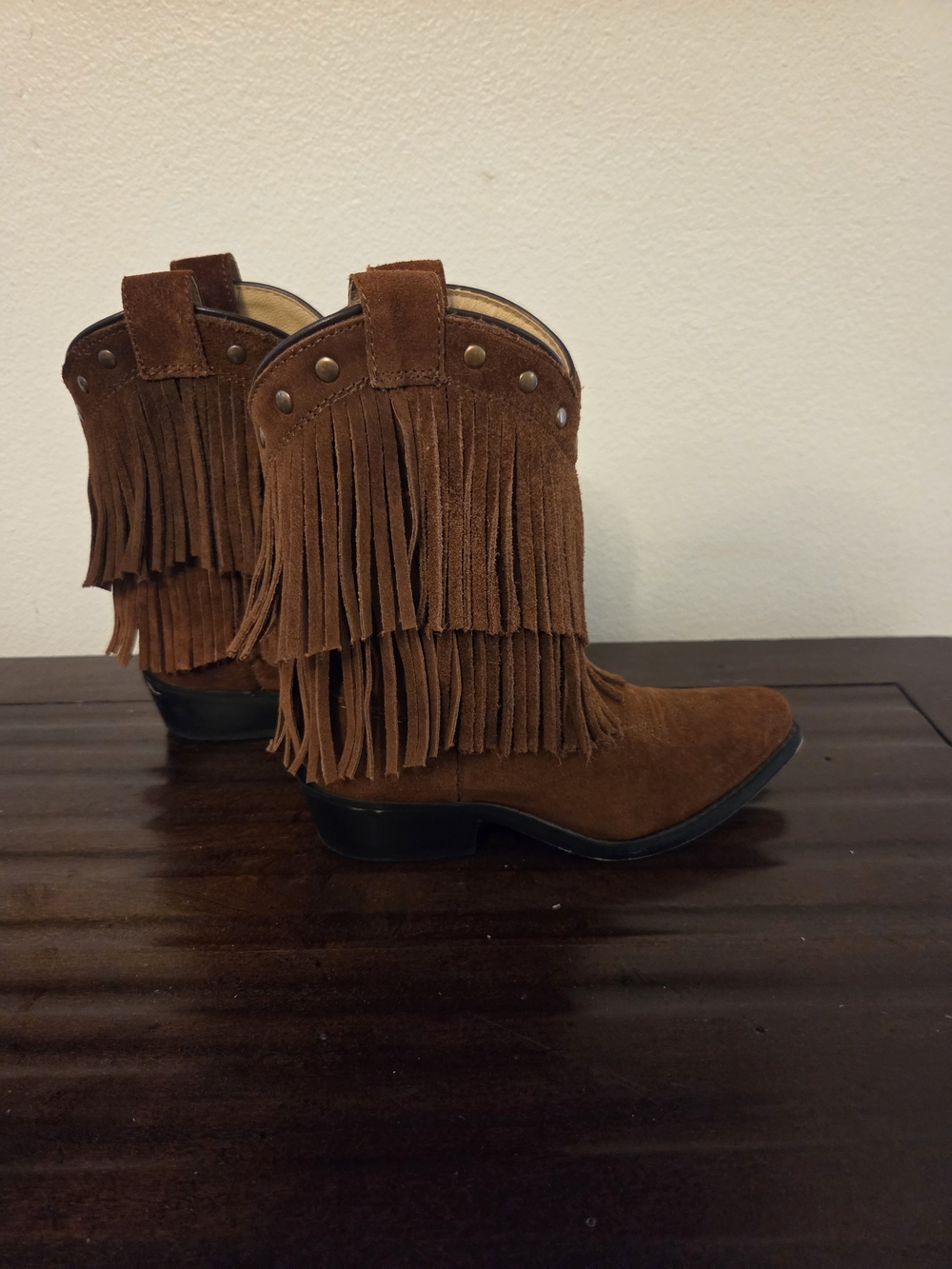 Shyanne, Little Girl's Brown Suede Fringe Western Booties, Size 12